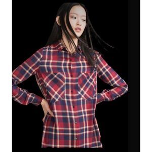 ZARA Trafaluc Blue and Red Plaid Button Down Flannel Tunic Size medium
